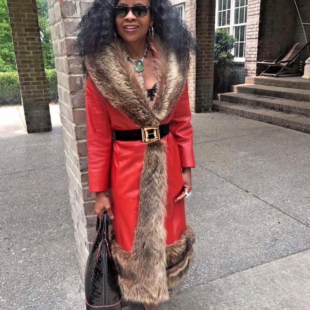 Vtg Designer Samuel Robert Lipstick red leather & Raccoon fur trim Jacket Coat S